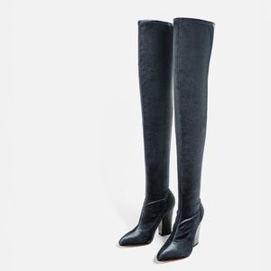 Velvet thigh high heel boots